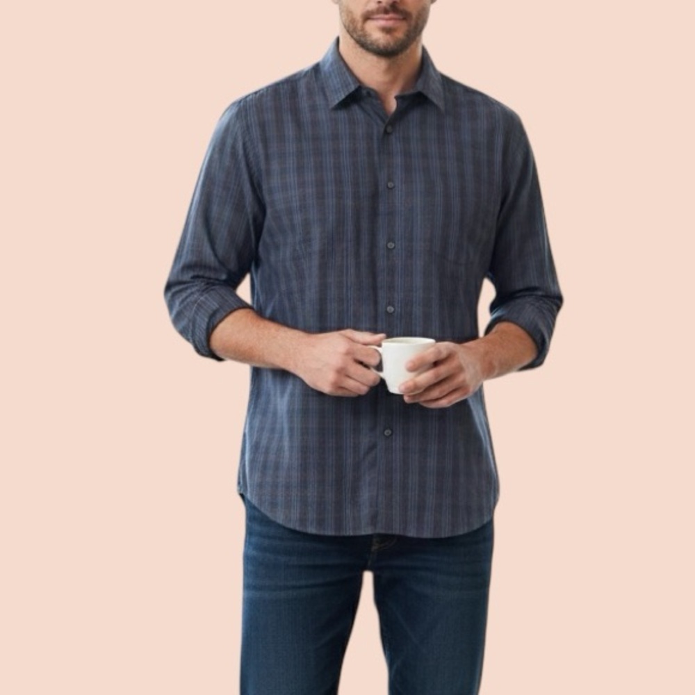 John‎ Varvatos USA Luxe Brown Blue Plaid Shirt Sz XL Cotton